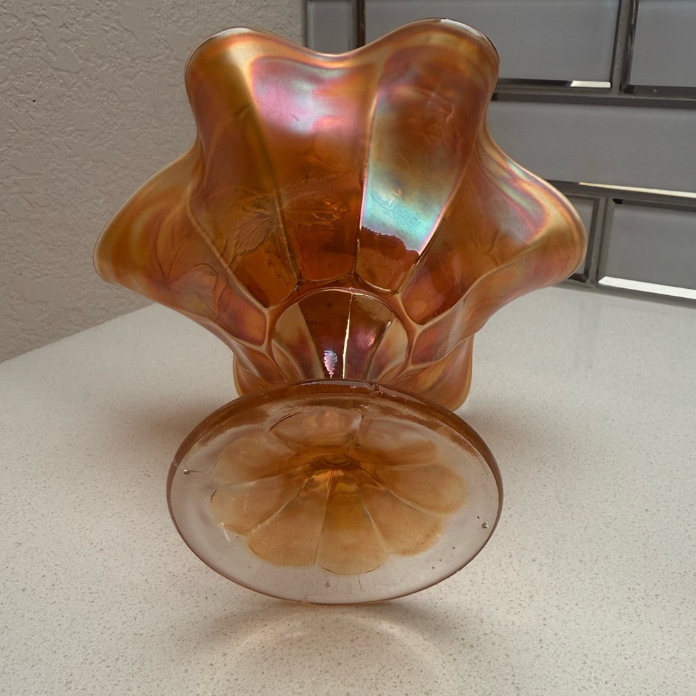 Vintage Carnival Glass Marigold Ruffled Edges Footed Bowl Iridescent Floral - Picture 9 of 17